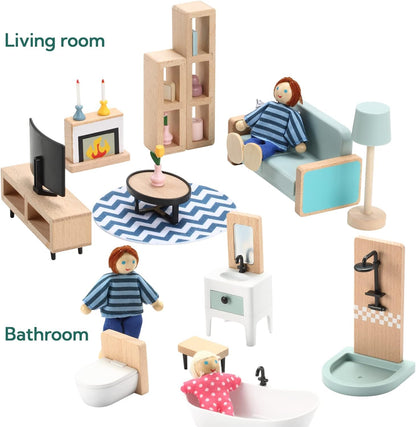 Giant bean 36pcs Wooden Dollhouse Furniture Set 5 Rooms 4 Family Dolls, Wood and Plastic Blue Dollhouse Accessories, Pretend Play Furniture Toys Christmas Birthday Gift for Boys Girls Kids Toddlers 3+