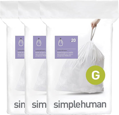 simplehuman Code G 60 Count, Dispenser Pack Custom Fit Liners, Drawstring Trash