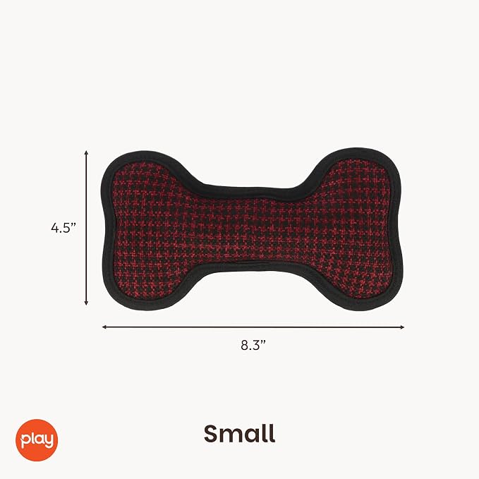 P.L.A.Y. Stuffed Dog Toys, ECO Bones - Extra Durable Squeaker Chew Toy, Great for Teething Puppies & Small, Medium, Large Dog Breeds - Machine Washable, Recycled Materials (Red Houndstooth, Small)