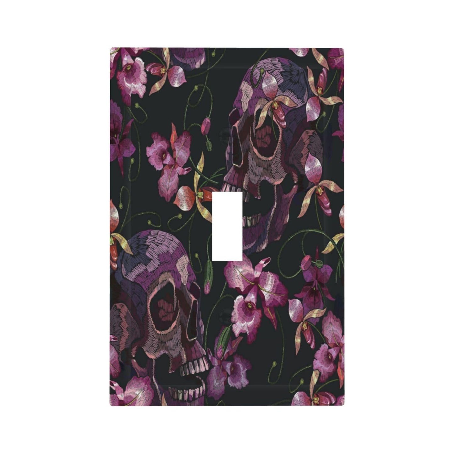 Gothic Purple Skull 1 Gang Light Switch Plate Single Toggle Wall Plate Cover Electrical Switchplate Faceplate Spooky Skeleton Goth Retro Flower Floral Halloween Plant Leaves Botanical Scary Room Decor