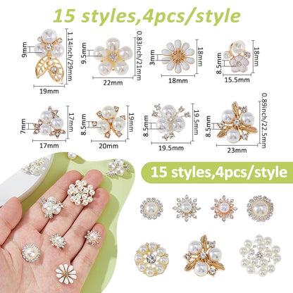 SUPERFINDINGS 60Pcs 15 Styles Rhinestone Buttons White Faux Pearl Buttons Flower Button Embellishments Craft Flat Back Rhinestone Embellishments for Sewing DIY Wedding Clothes Bags Shoes Decorations