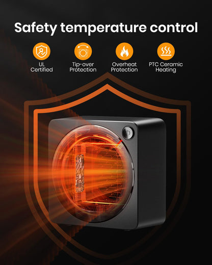 Gaiatop Mini Space Heater, Lightweight PTC Ceramic Fast Heating 500W Energy Efficient for Indoor Use, Overheating & 45° Tip-Over Protection, Portable Desk Electric Heaters for Office Home Black