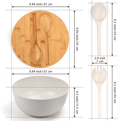 ShineMe Large Salad Bowl with Lid, Bamboo Fiber Salad Serving Bowl Set with Utensils, 9.8inches Mixing Bowl with Servers, Solid Bamboo Wooden Bowl for Candy, Salad, Fruits, Vegetables and Pasta(White)