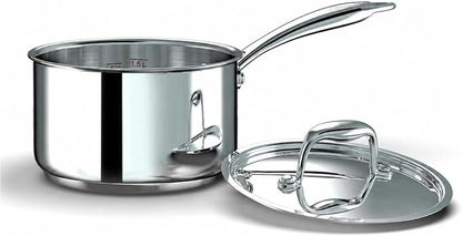 Ciwete 2 Quart Sauce Pan with Lid, Tri Ply Stainless Steel Saucepan 2 Qt with Stainless Steel Lid, 2 Measuring Lines, Upgraded Packaging, Cool Ergonomic Handle, Dishwasher & Oven Safe
