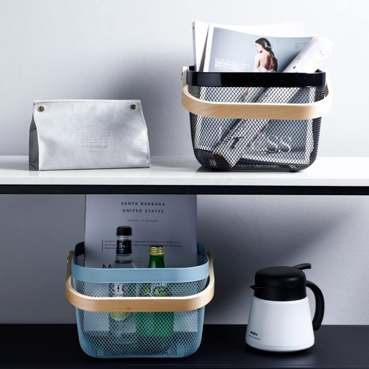 Ymeibe Mesh Steel Storage Organizer Basket Fruit Basket Bin with Wood Handle Ideal for Kitchen Bathroom Picnic Baskets Pantry Cabinets Storage Home Decor (Black)