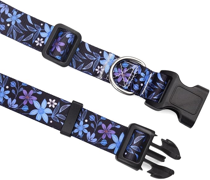 Mihqy Dog Collar and Leash Set with Bohemia Floral Tribal Geometric Patterns - Soft Ethnic Style Collar Adjustable for Small Medium Large Dogs(Blue Floral Set,M)