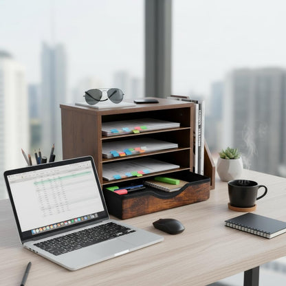 Gphudpzdl Wooden Desk Organizer with Drawers, 4 Tier Office Organizer and Accessories, Paper File Mail Organizer, Brown