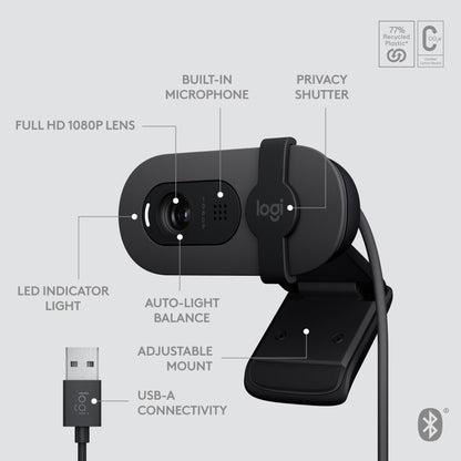 Logitech Brio 105 Full HD 1080p Business Webcam with Auto-Light Balance, USB-A, Privacy Shutter, Easy Set-Up, Compatible with Windows, macOS, ChromeOS