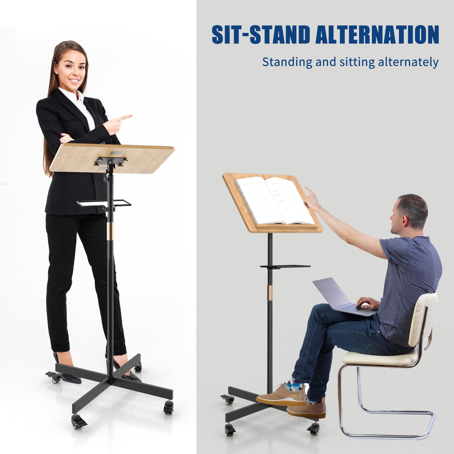 Classic Lectern Podium Stand with Storage Platform, Height Adjustable Mobile Podium, Teacher Speaker Lecture Classroom Presentation Stand, Multi-Function Reading or Laptop Desk with Edge Stopper