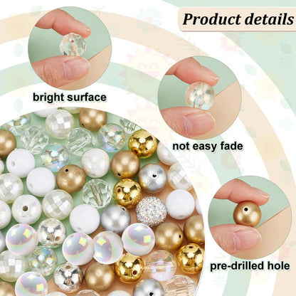 PH PandaHall 102PCS Crystal Bubblegum Beads, 16mm Clear Silver Gold Chunk Bead Acrylic Large Rhinestone Pearl Beads Shiny Round Focal Spacer Bead for Necklace Key Chain Bag