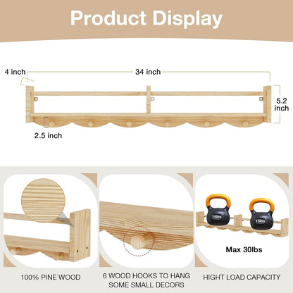 ECOOCE 34Inch Nursery Bookshelves,Set of 4,Wall Floating Shelf Kids Coat Rack with 6Hooks,Hanging Book Shelf for Baby Nursery Room Décor， Patent Number: 29958098(Burlywood, 34)