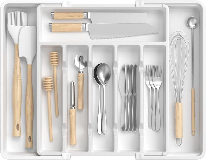 RoomHacks Large Silverware Organizer,Expandable Utensil Drawer Organizer,BPA Free Utensil Holder,Adjustable Silverware Tray Cutlery Drawer Organizer for Kitchen Flatware,Large,White (6-8 Slots)