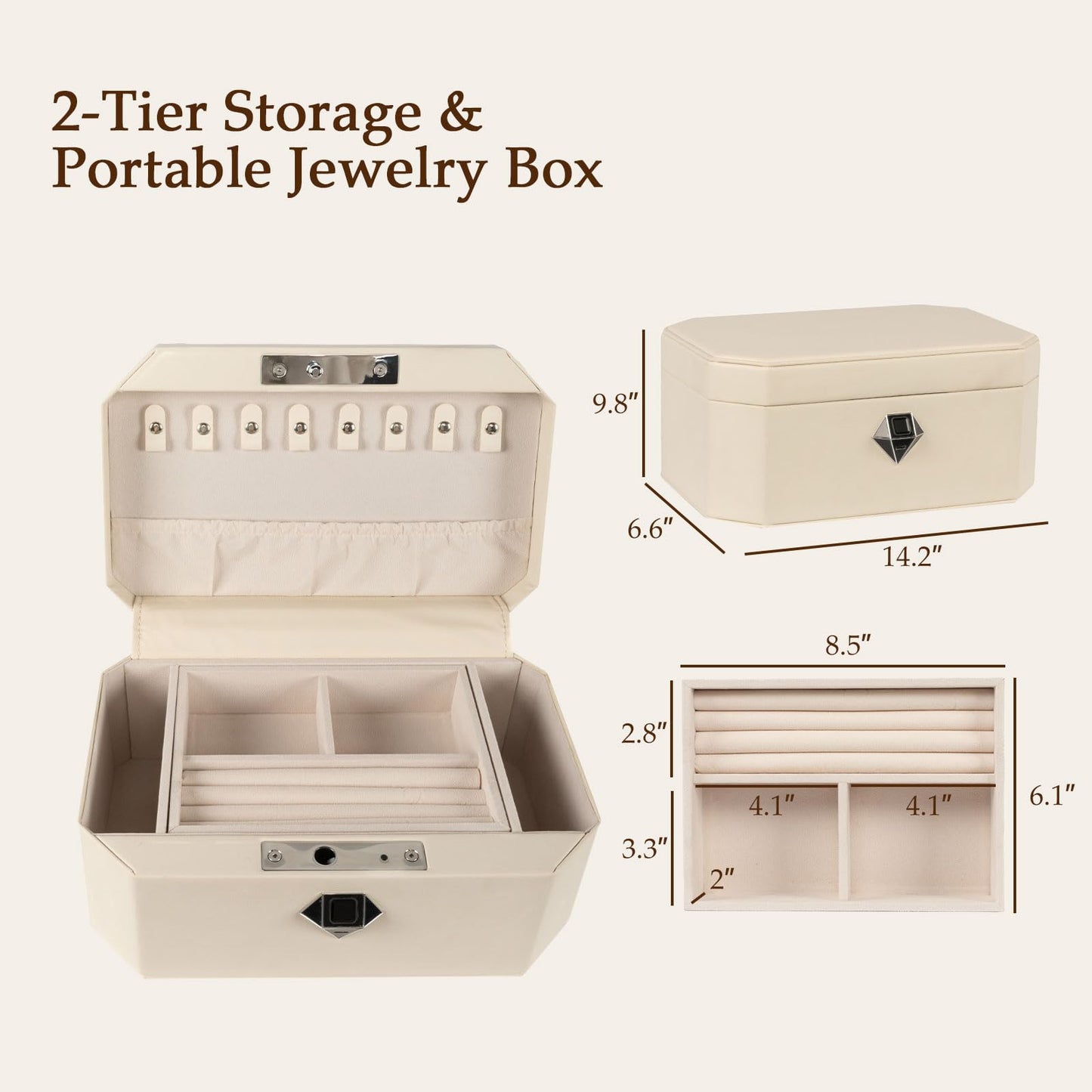XPEDITION Biometric Fingerprint Lock Jewelry Safe Leather-Wrapped Two-Tier Jewelry Box with Quick Access & Keyless Entry, Perfect for Home Use