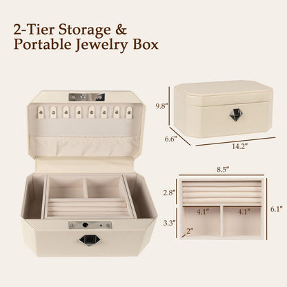 XPEDITION Biometric Fingerprint Lock Jewelry Safe Leather-Wrapped Two-Tier Jewelry Box with Quick Access & Keyless Entry, Perfect for Home Use