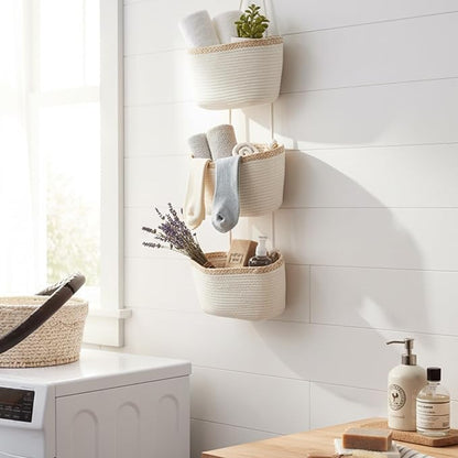 TeoKJ Over the Door Hanging Basket, 3-Tier Woven Cotton Wall-Mounted Storage