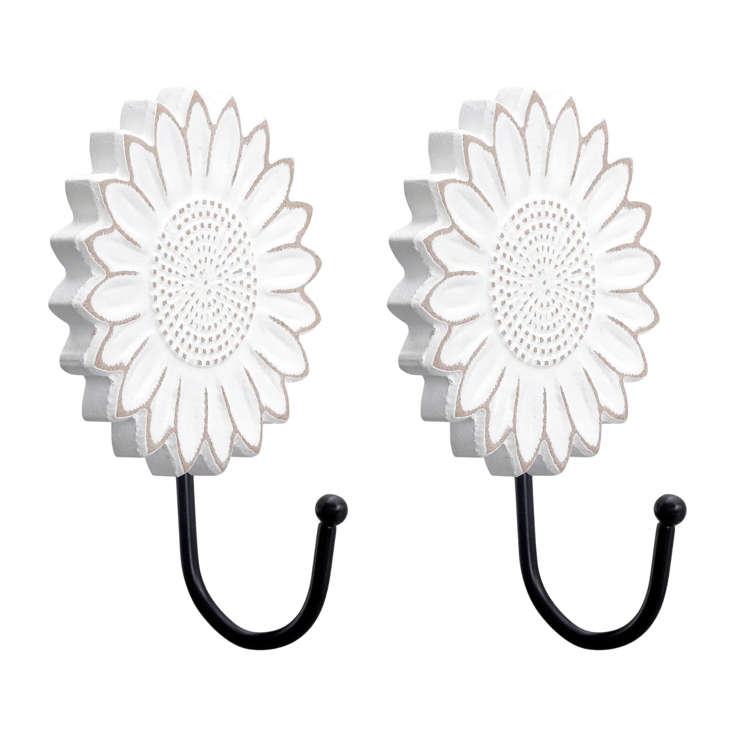 TRENDIN Rustic Wooden Sunflower Wall Hooks Set of 2, Distressed White Decorative Wall Hooks for Coats, Hats, Bags, and Keys, Farmhouse Floral Home Decor for Entryway, Bedroom or Living Room