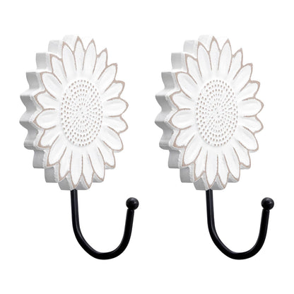 TRENDIN Rustic Wooden Sunflower Wall Hooks Set of 2, Distressed White Decorative Wall Hooks for Coats, Hats, Bags, and Keys, Farmhouse Floral Home Decor for Entryway, Bedroom or Living Room