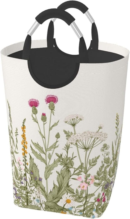Vintage Floral Plants Laundry Basket Wild Flowers Herbs Foldable Collapsible