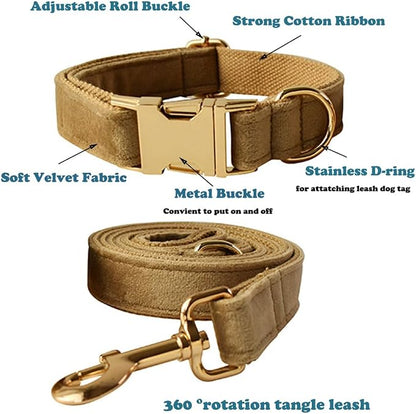 Love Dream Velvet Dog Collar and Leash Set, Soft & Comfy Adjustable Dog Leash and Collar with Heavy Duty Metal Buckle for Small Medium Large Dogs Training & Walking (XLarge, Khaki)