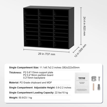 VEVOR Literature Organizers, 24 Compartments Office Mailbox with Adjustable Shelves, Wood Literature Sorter 29x12x24.4 inches for Office, Home, Classroom, Mailrooms Organization, EPA Certified Black