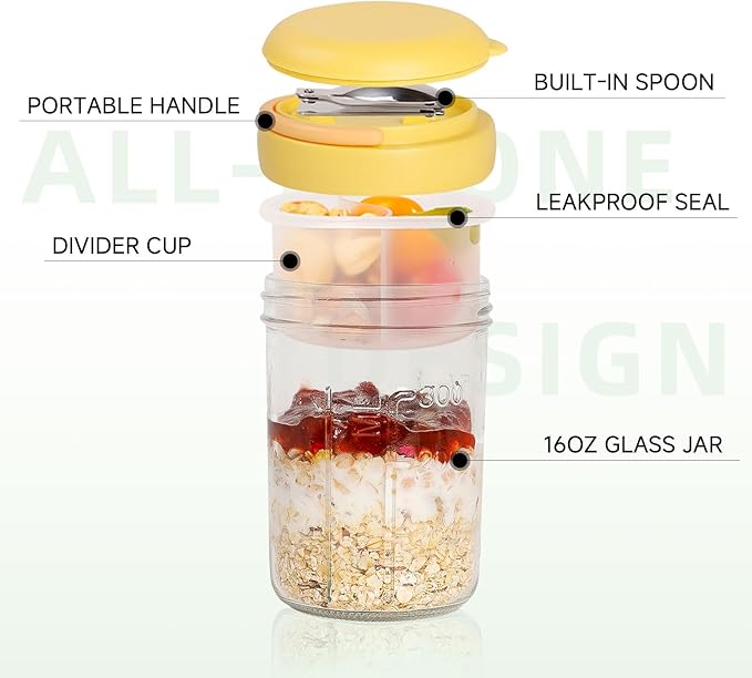 Overnight Oats Containers with Handles & Lids – 16oz Glass Mason Jars with Spoons & Fruit Compartments, Chia Pudding Jars with Lids, 2 Sets (Cream, Yellow)