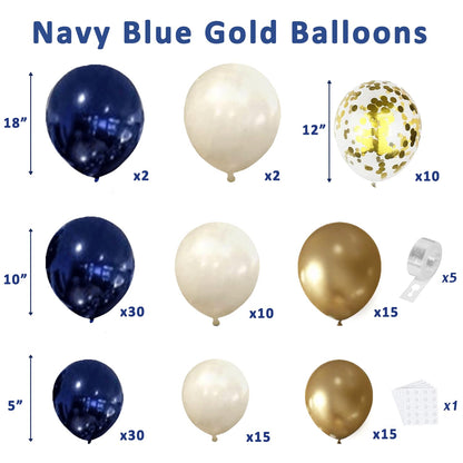 Navy Blue Gold Balloon Graland Arch Kit, Double Stuffed Pearl White Royal Blue Chrome Gold with Confetti Balloons for New Year Graduation Birthday Wedding Party Decorations