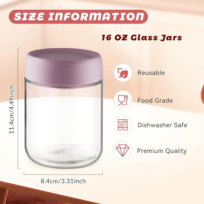 Wresty Empty Clear Glass jars with Airtight Lids Overnight Oats Containers Glass Food Storage Containers Glass Mason Jars For Yogurt Snacks Spice Sugar Jam And More (4 Pcs Mixcolor, 500ml/16.7oz)