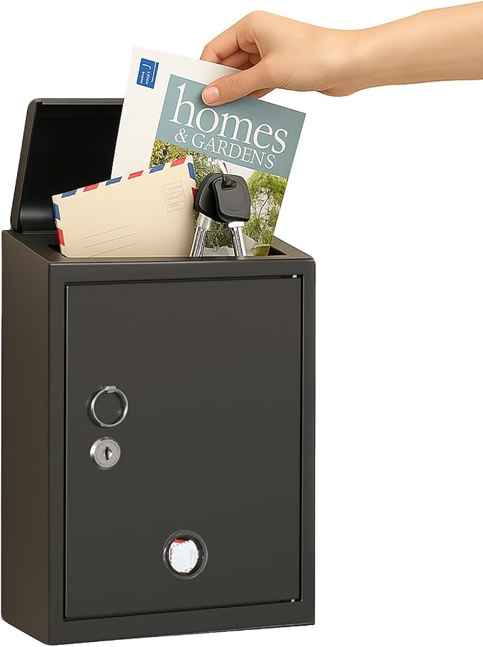 Mailbox with Combination & Key Unlock, Metal Mail Boxes Suggestion Box Wall Mount, Business Key Drop Box, Locking Post Box for House, Weatherproof, Large Capacity 14x4x10in,Black