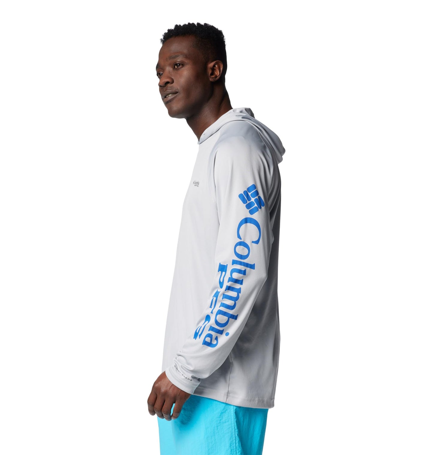 Columbia Mens PFG Terminal Tackle Long Sleeve Fishing Hoodie, Cool Grey/Vivid Blue Logo, Large