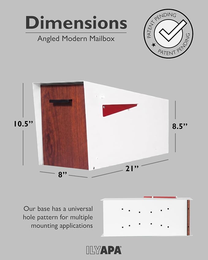 Ilyapa Modern Mailbox with Angle Design Post Mount - White Powder Coated Metal Mailbox with Wood Door - Waterproof for Parcels, Magnetic Close Door