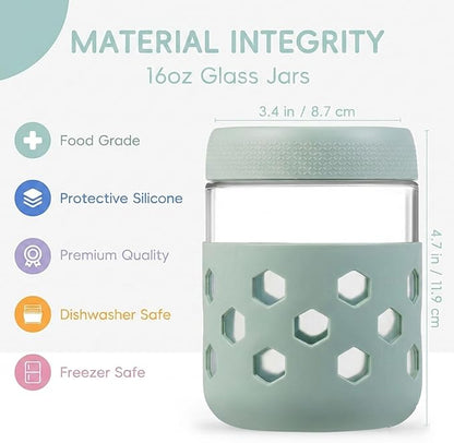 Overnight Oats Container 16 oz - 6 Pack with Silicone Sleeves for Glass Soup Containers with Lids - BPA Free, Leak Proof, Dishwasher Safe - Wide Mouth Jars for Yogurt, Meal Prep, Drinking & Storage