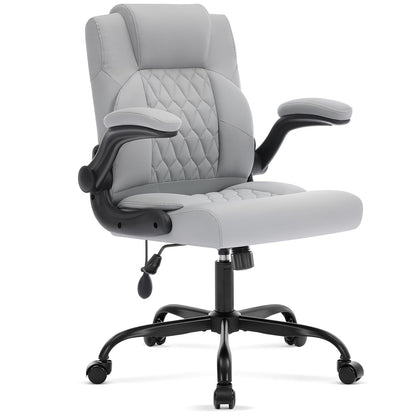 Office Chair with Adjustable Inflatable Lumbar Support,Leather Ergonomic Computer Desk Chair with Flip-up Arms,Adjustable Tilt Lock,Swivel Rolling Executive PC Chair for Work,Study,Meeting.Grey