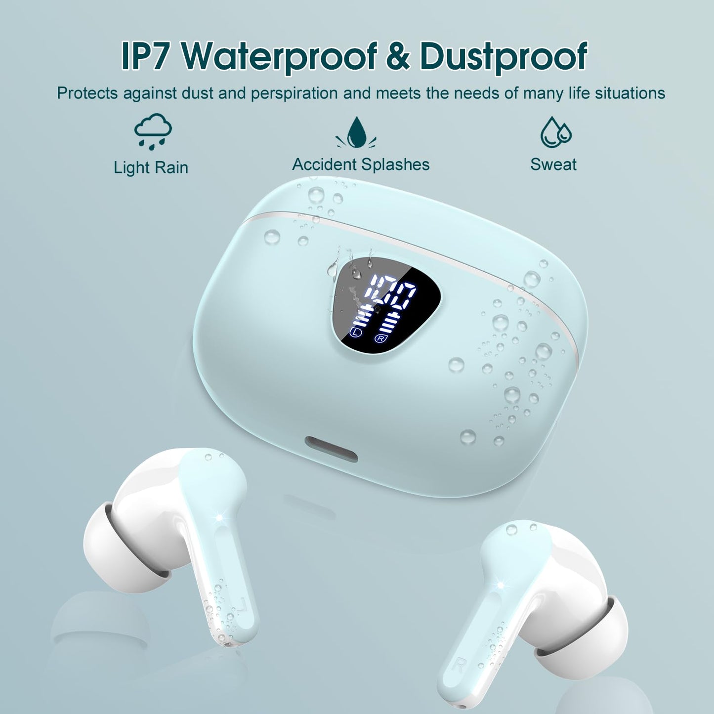 Wireless Earbuds, Bluetooth 5.4 Headphones HiFi Stereo, Bluetooth Earbuds with ENC Noise Cancelling Mic, IP7 Waterproof in Ear Earphones, 48H, LED Display Ear buds for Pad Workout Sports, Azure