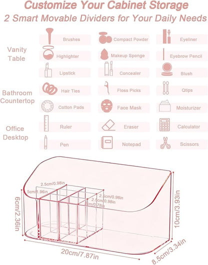 Makeup Tray Holder Organizer Cosmetic Display Case Tabletop Desktop Vanity Countertop Bathroom Wall Cabinet Medicine Storage Box 9 Dividers 2 Removable Women Ladies Girls Gifts Crystal Pink 1 PACK