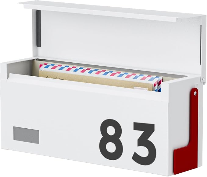 Modern Mailboxes for Outside, Metal Wall Mount Mailbox, with One Flag Kit and Three Sets of Mailbox Number Stickers, 3.9" D×13" W×7.1" H, Rust Resistant Coating Mail Boxes for House, White