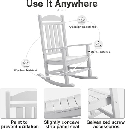 Devoko HDPE Rocking Chair Plastic Outdoor Indoor Patio Rocker Chair High Back All Weather Rocker for Patio Backyard Porch Garden (White)