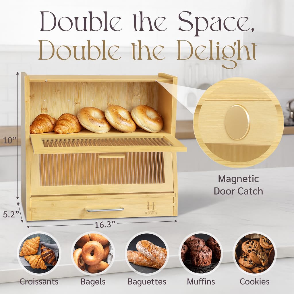 HOMIQ Bread Box for Kitchen Countertop - Bamboo Wood Breadbox with Knife Storage, Ventilation Holes - Farmhouse Loaf Organizer, Versatile 2 Layer Bread Storage Container for Snacks Mugs Spices