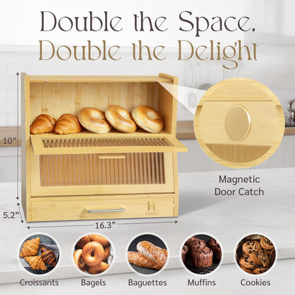HOMIQ Bread Box for Kitchen Countertop - Bamboo Wood Breadbox with Knife Storage, Ventilation Holes - Farmhouse Loaf Organizer, Versatile 2 Layer Bread Storage Container for Snacks Mugs Spices