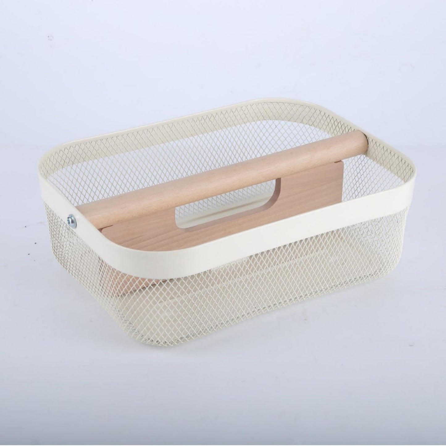 AJIODA Metal Mesh Steel Storage Basket, Garden Harvest Wire Organizer Basket Multi-functional Kitchen Fruit Basket with Wooden Removable Partition & Handle for Bath Picnic Decor Cabinet, Cream White