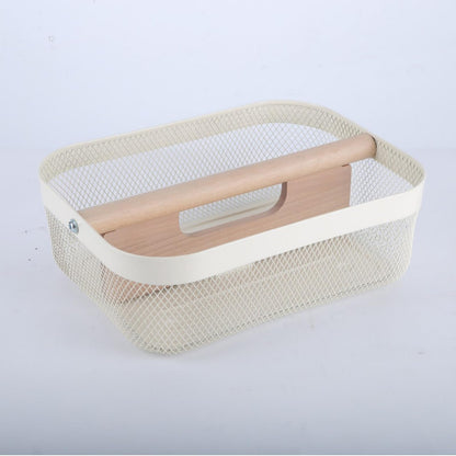 AJIODA Metal Mesh Steel Storage Basket, Garden Harvest Wire Organizer Basket Multi-functional Kitchen Fruit Basket with Wooden Removable Partition & Handle for Bath Picnic Decor Cabinet, Cream White