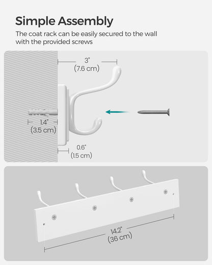 SONGMICS Wall-Mounted Coat Rack, Hook Rack, 4 Dual Metal Hooks, for Coats, Bags, Keys, in the Entryway, Bedroom, Living Room, White ULHR23WT