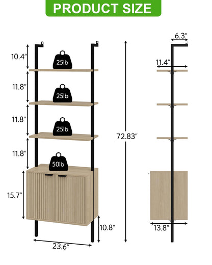 Yusong 73" Tall Bookshelf with Cabinet, Industrial Ladder Wall Mount Shelf Bookcase with Wood and Metal Frame, Plant Shelf Wall Storage Display for Living Room Bedroom, Wavy Light Ivory
