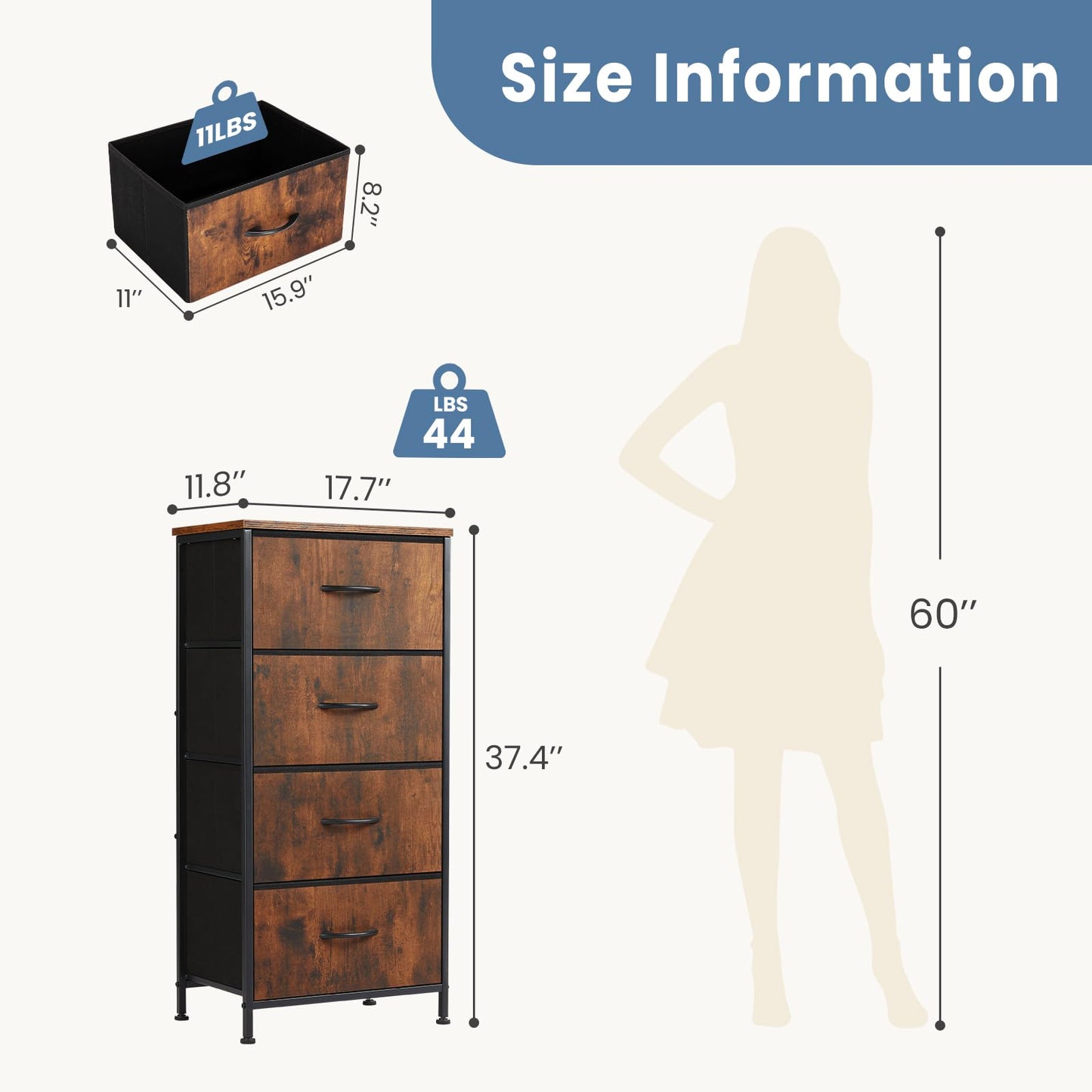DUMOS Nightstand with 4 Drawers, Fabric Dresser Bedside Table with Removable Bins, Sturdy Steel Frame Wood Top Organizer Furniture for Bedroom Dorm Closet Living Room