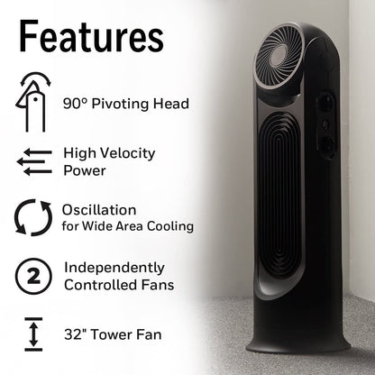 Honeywell TurboForce Tower Fan, 2-in-1 Fan with 6 speeds, quiet operation quality. Stylish Tower Fan for home, room, bedroom or home office - Black, HYF502