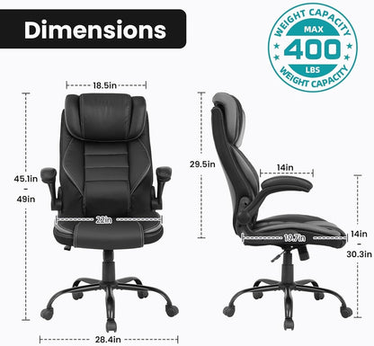 Big and Tall Executive Office Chair 400lbs for Heavy People, Ergonomic Computer Desk Chair with Lumbar Support & Adjustable Headrest, Comfy High Back Leather Office Chairs for Back Pain Relief, Grey