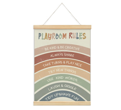 foedor Boho Rainbow Nursery Playroom Rules Wall Art with Wooden Frames,Playroom Wall Decor Canvas Hanging Banner,Playroom Sign Affirmations Prints Framed for Classroom Kids Room Wall Decor,12x16 Inch