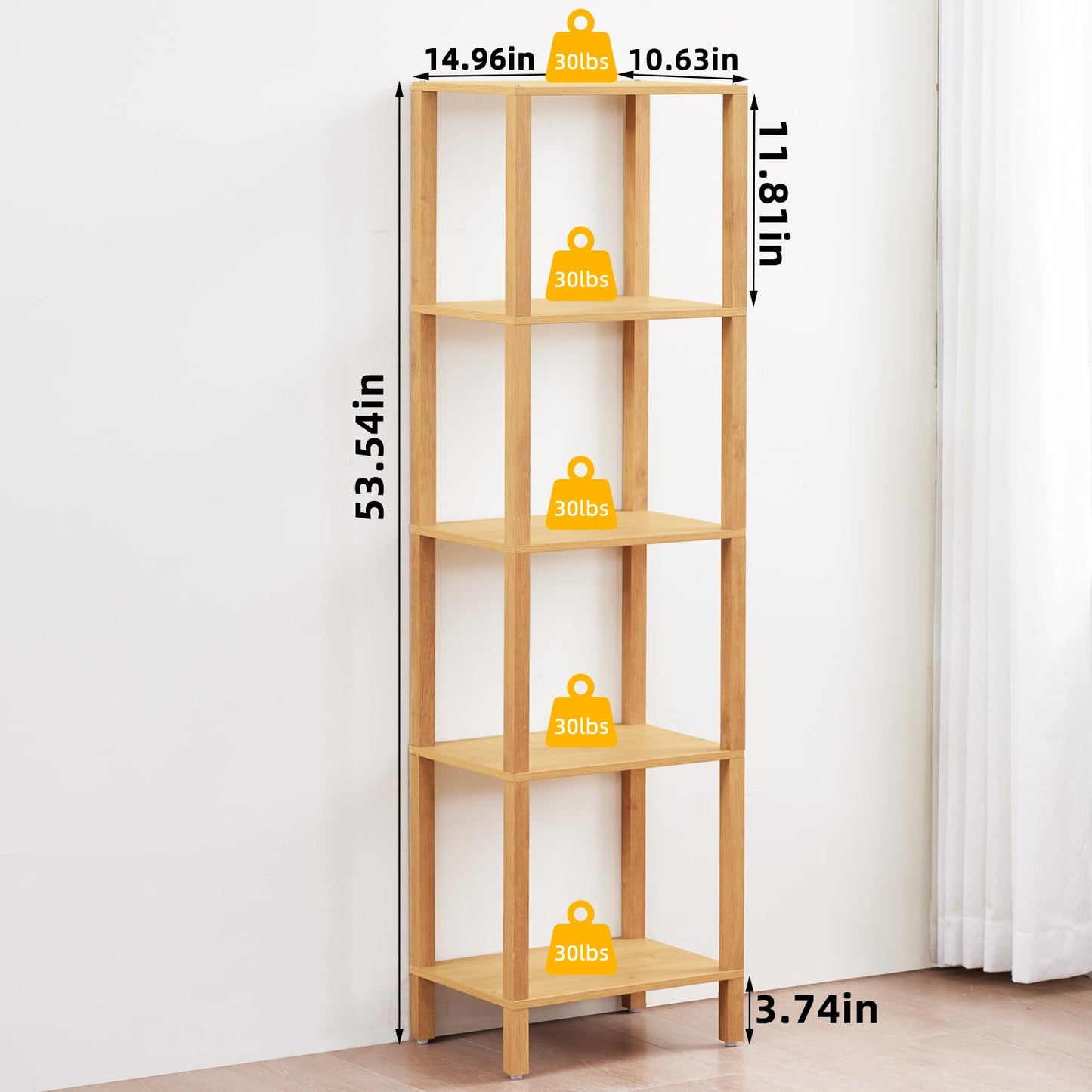YUFAM 54in Tall Bookshelf 5-Tier Small Narrow Bookcase, Skinny Book Shelf for Small Space, Farmhouse Slim Shelf with Storage, Wood Freestanding Display Thin Bookshelves for Living Room, Natural
