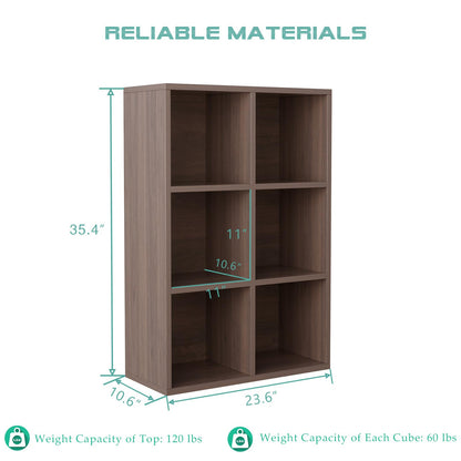 OSCHF 6-Cube Storage Shelf Bookcase - Wooden 3-Tier Floor Standing Open Bookshelf for Home and Office, Cuby Orgainzer, Walnut