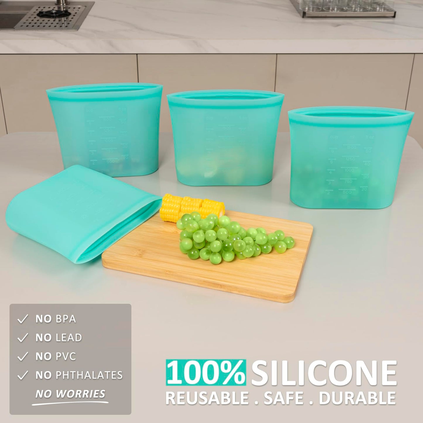 Reusable Food Bags, 12 Pack 100% Silicone Food Storage Bags Stand Up Zip Lock Container, Freezer Microwave Oven Dishwasher Safe, 4 Medium 4 Small 4 Extra Small, Aqua