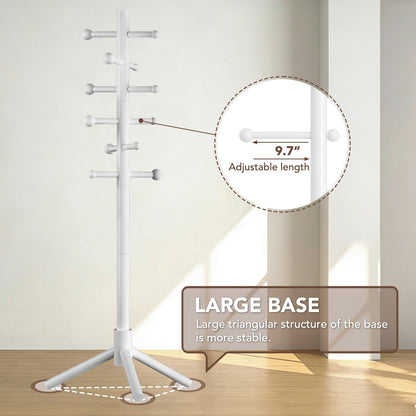 ACIPENSER Wooden Coat Rack Freestanding with 12 Hooks 3 Adjustable Heights，Standing Coat Rack Tree for Hat and Coat Rack for Small Spaces Entryway,Office,Bedroom,White
